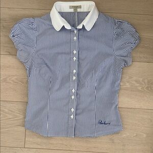Burberry Navy and White Striped Blouse